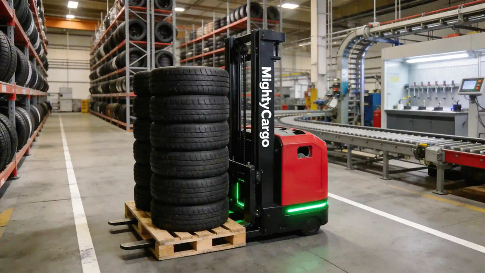 Xe stacker thông minh tại kho lốp xe